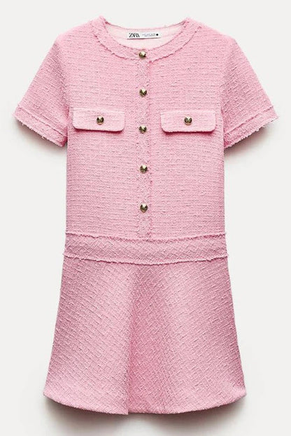 CD | 1960s London Girl tweed texturat aur buton cu mânecă scurtă buzunar mini rochie