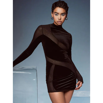 CD | Mini rochie sexy din catifea cu mânecă lungă, cu fermoar și plasă patchwork