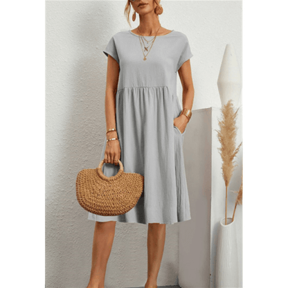 CD | Rochie midi cu mânecă scurtă din bumbac și in pentru femei