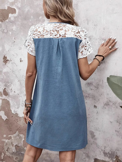 CD | dantelă buton placket rotund decolteu rochie mini