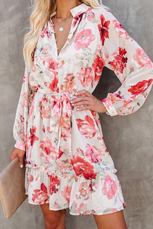 CD | Mini rochie cu mâneci lungi, cu imprimeu floral, cu decolteu tip O
