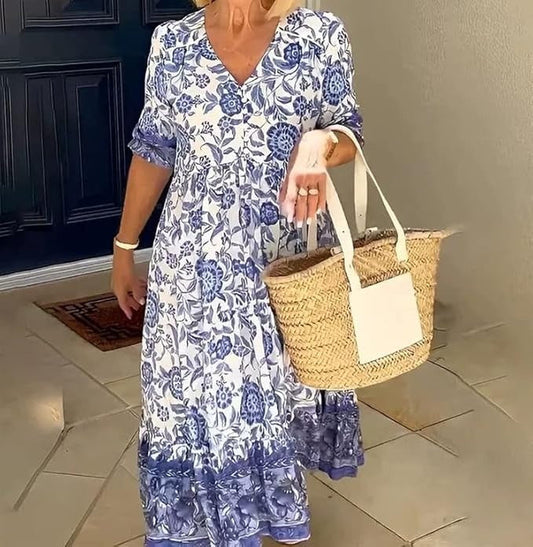 CD | Elegant V-Neck Boho florale rochie lungă