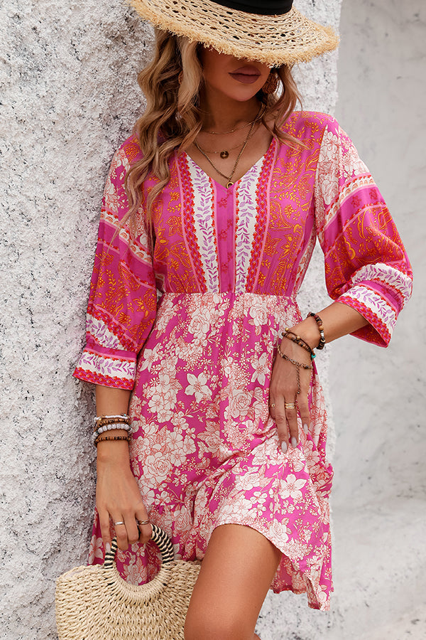CD | Bohemia Print V-Neck Casual Mini rochie