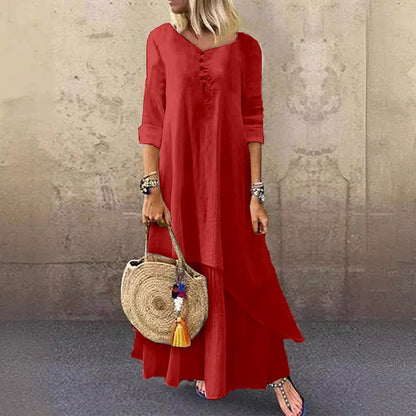 CD | Rochie midi de damă - Ținută relaxată - Fibre naturale - Tiv asimetric - Mâneci 3/4