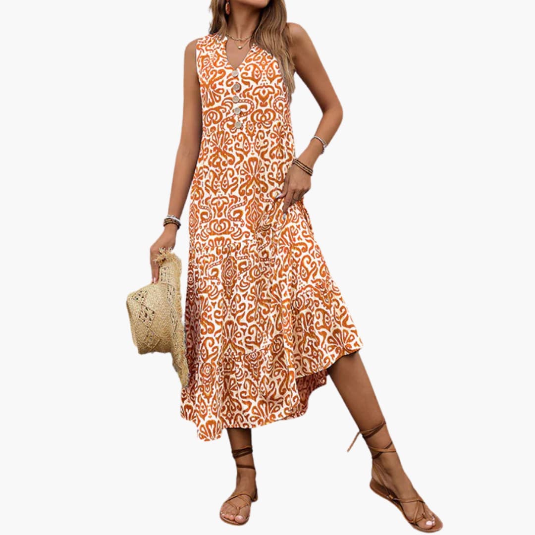 CD | Rochie midi de vară fără mâneci pentru femei cu imprimeu floral