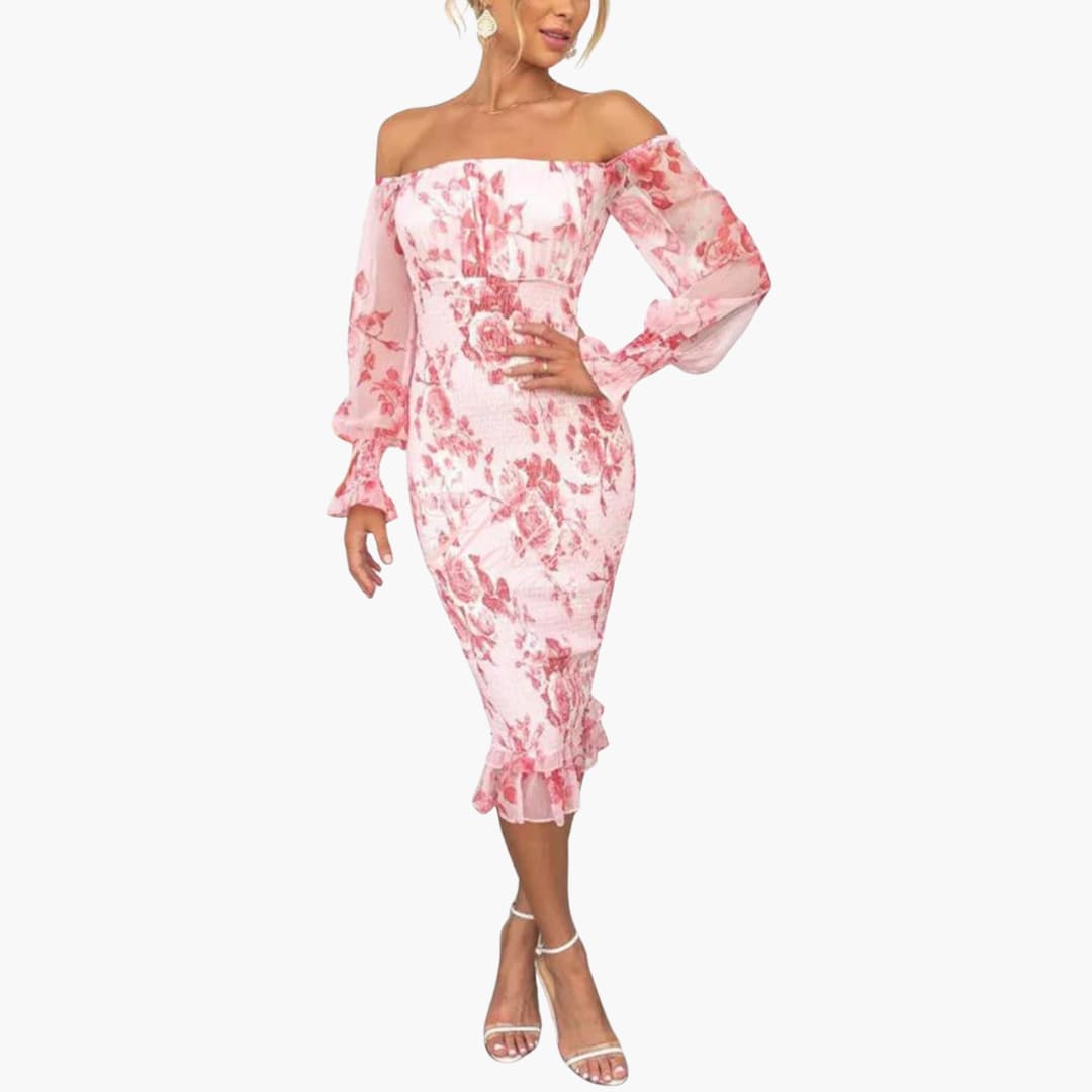 CD | Rochie midi de vară pentru femei cu imprimeu floral și mâneci transparente