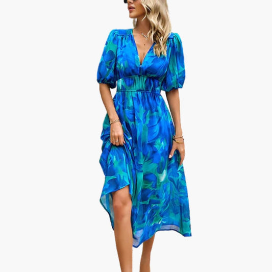 CD | Rochie midi de vară pentru femei cu imprimeu floral și mâneci lanternă