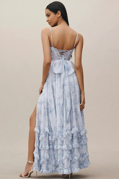 CD | Rochie lungă stil corset cu bretele înguste, tiv cu volane și imprimeu floral