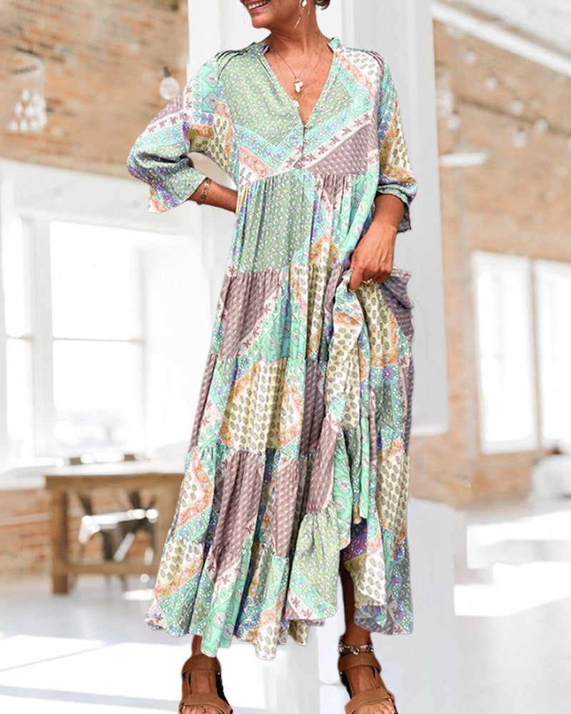 CD | Rochie maxi colorată cu imprimeu colorblock și mâneci 3/4