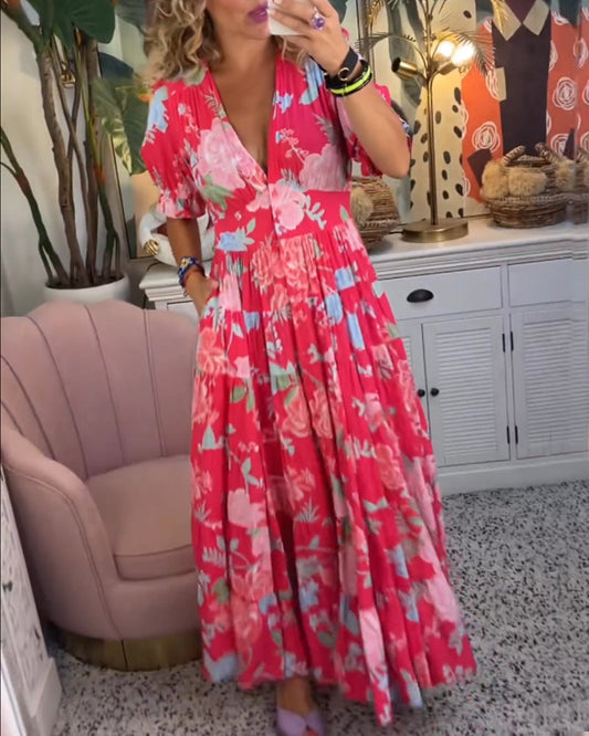 CD | Rochie maxi florală cu mânecă scurtă și decolteu în V
