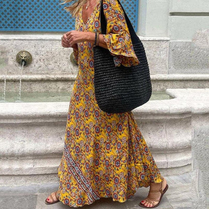 CD | Rochie maxi pentru femei - Ținută lejeră - Decolteu în V - Mâneci lungi - Fante laterale - Imprimeu îndrăzneț