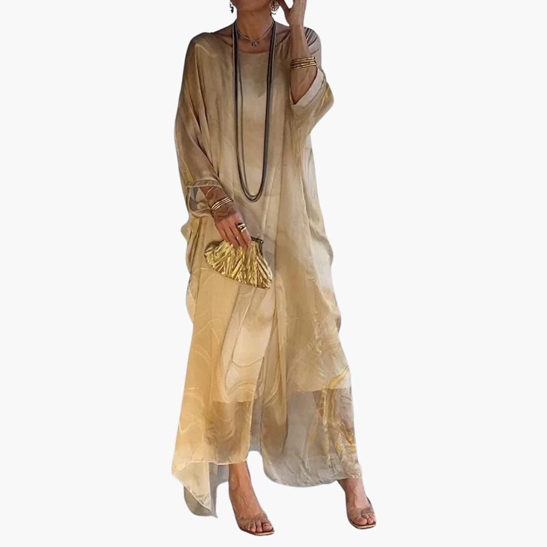CD | Rochie maxi pentru femei din șifon de mătase cu mâneci batwing și suprapunere