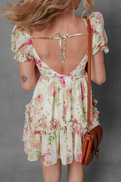 CD | Floral Bubble Sleeve Sweetheart gât Ruffle Mini rochie