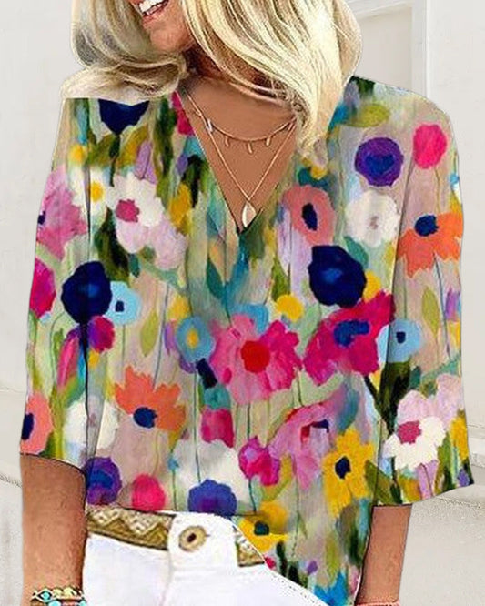 CD | Bluză casual colorată cu imprimeu floral, decolteu în V și mâneci trei sferturi