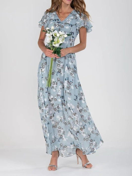 CD | Floral Print Short Sleeve Dress Summer Fashion Ruffle Beach Dresses Îmbrăcăminte pentru femei