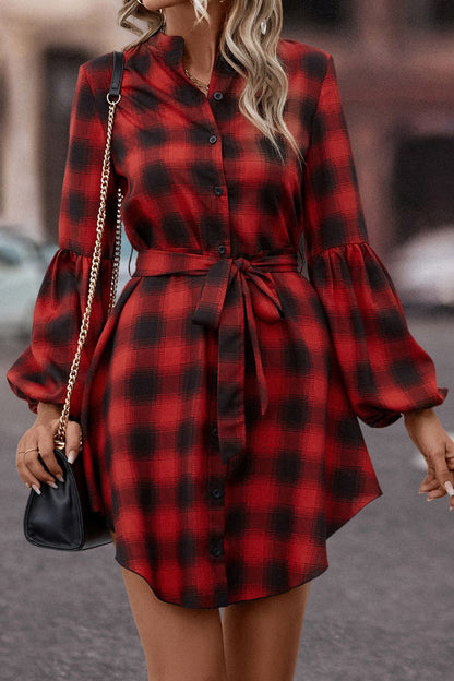CD | Plaid cravată talie balon maneca rochie mini