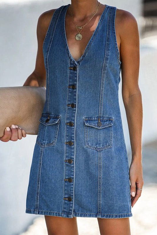 CD | V-Neck Open Back Denim Vest Mini Rochie