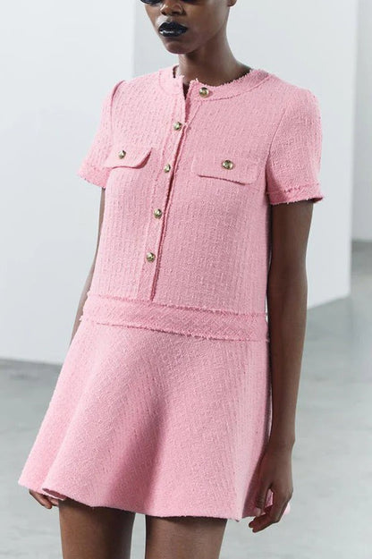 CD | 1960s London Girl tweed texturat aur buton cu mânecă scurtă buzunar mini rochie