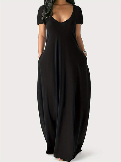 CD | Rochie maxi pentru femei - Croială fluidă - Decolteu în V - Mâneci scurte - Lightweight cu buzunare