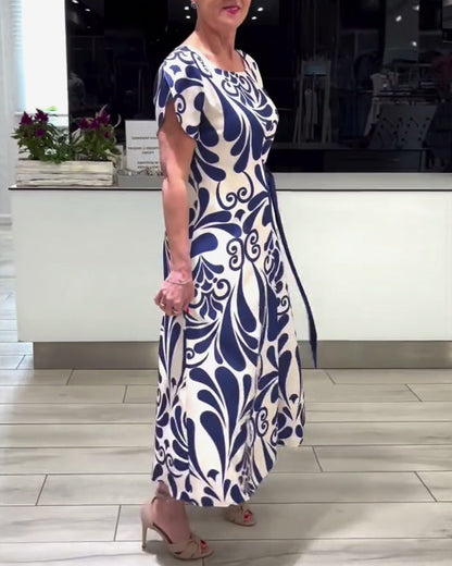 CD | Rochie elegantă cu mânecă scurtă, cu imprimeu și talie