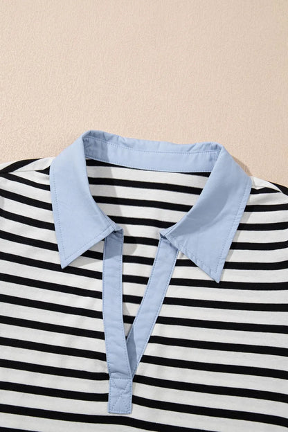 CD | Stripe Contrast V gât Collared Puff Sleeve T Shirt Mini rochie cu buzunare