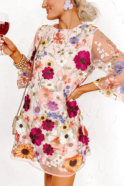 CD | Dahlia Dreaming brodate florale Appliqué jumătate maneca Mini rochie