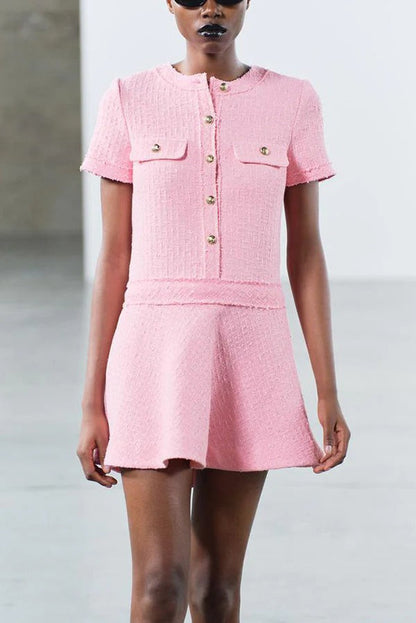 CD | 1960s London Girl tweed texturat aur buton cu mânecă scurtă buzunar mini rochie