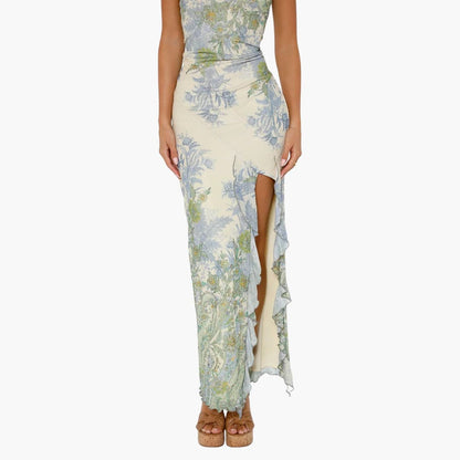 CD | Rochie maxi fără bretele, cu model floral și crăpătură înaltă la tiv