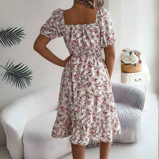 CD | Rochie midi florală elegantă cu mâneci bufante