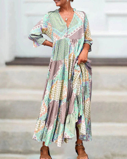 CD | Rochie maxi colorată cu imprimeu colorblock și mâneci 3/4
