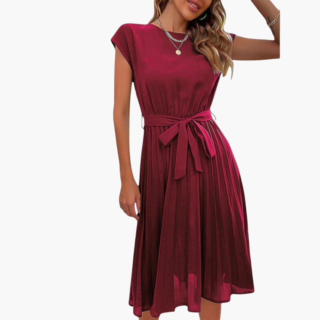 CD | Rochie midi casual pentru femei cu fustă plisată și curea cu cravată