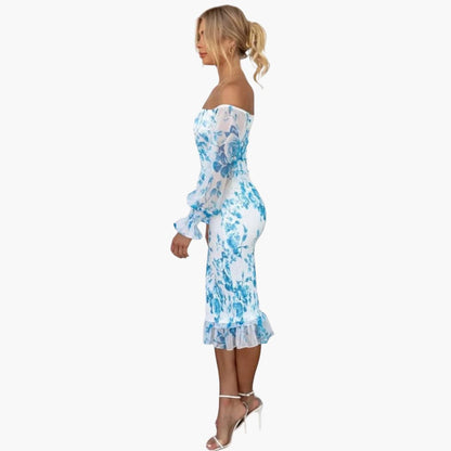 CD | Rochie midi de vară pentru femei cu imprimeu floral și mâneci transparente