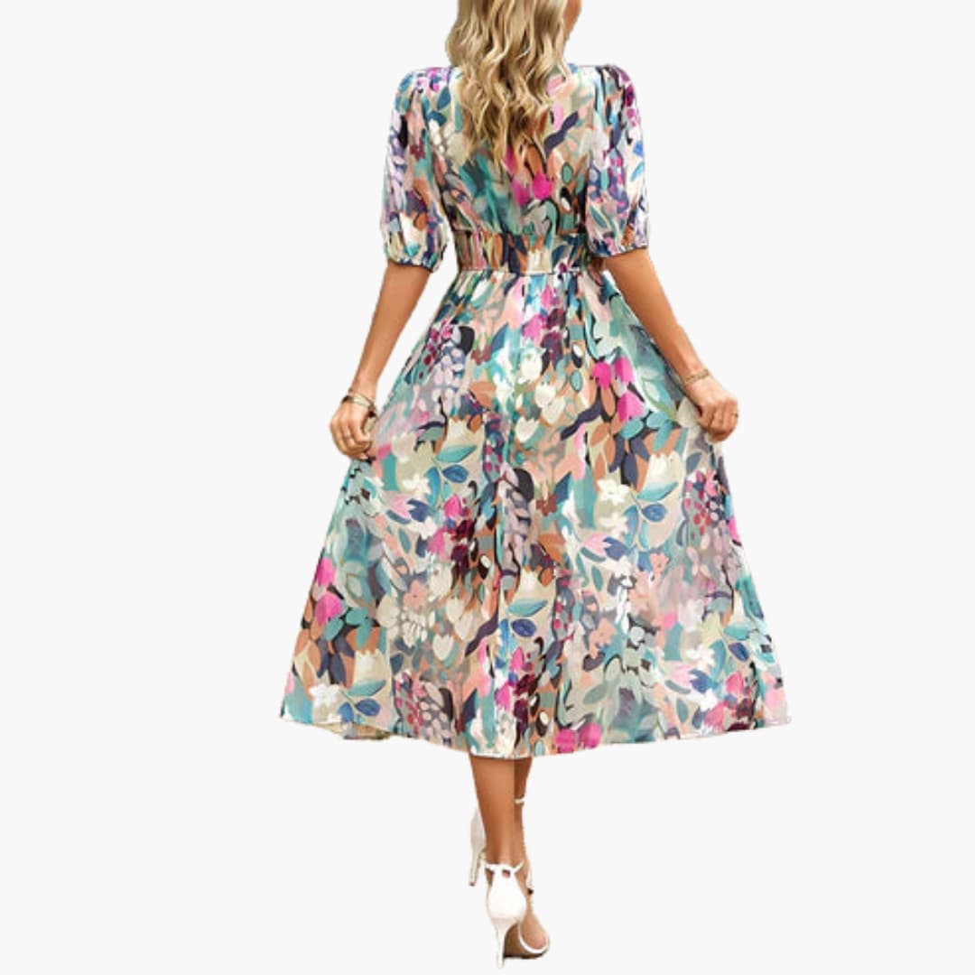 CD | Rochie midi de vară pentru femei cu imprimeu floral și mâneci lanternă