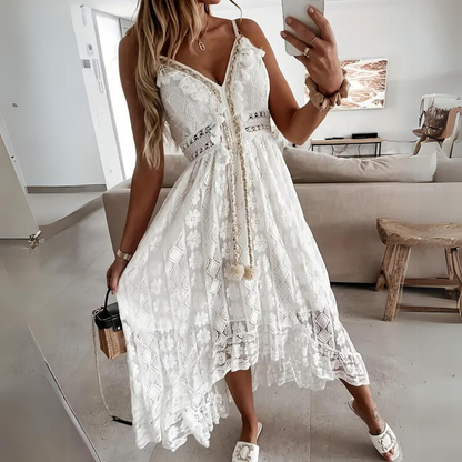 CD | Rochie midi pentru femei - Ținută relaxată - Detaliu dantelă - Decolteu în V - Stil boho - Material respirabil