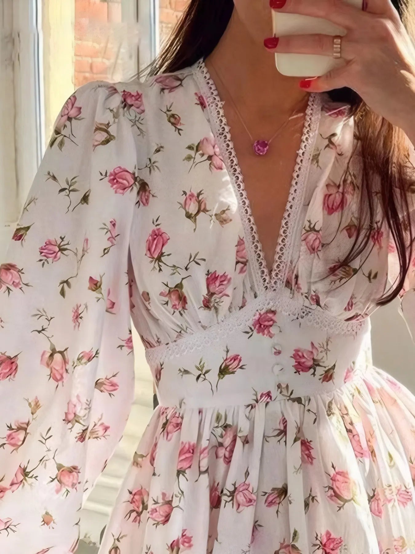 CD | Full Dimensiune florale imprimare dantelă detaliu V-Neck Mini rochie Plus SIze