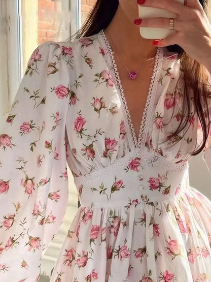 CD | Full Dimensiune florale imprimare dantelă detaliu V-Neck Mini rochie Plus SIze