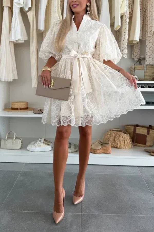 CD | Vara Romantic broderie dantelă Puff mâneci buton Tie Mini rochie