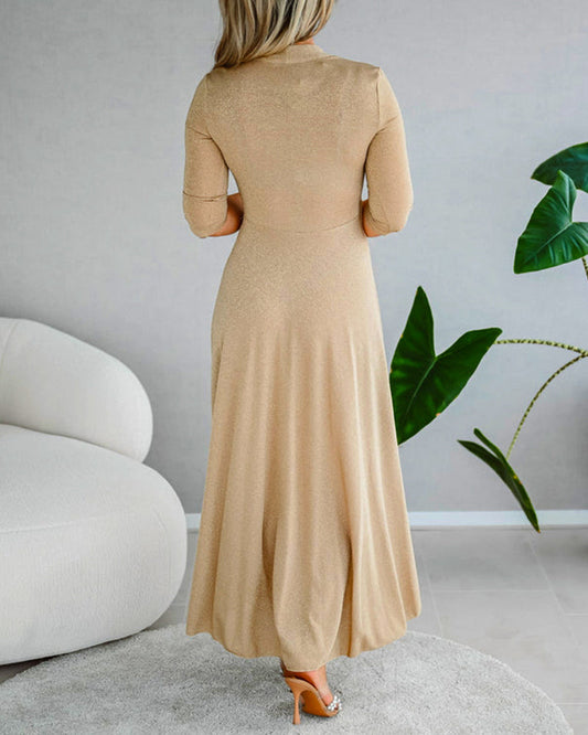 CD | Rochie monocromă elegantă cu decolteu în V și mâneci trei sferturi