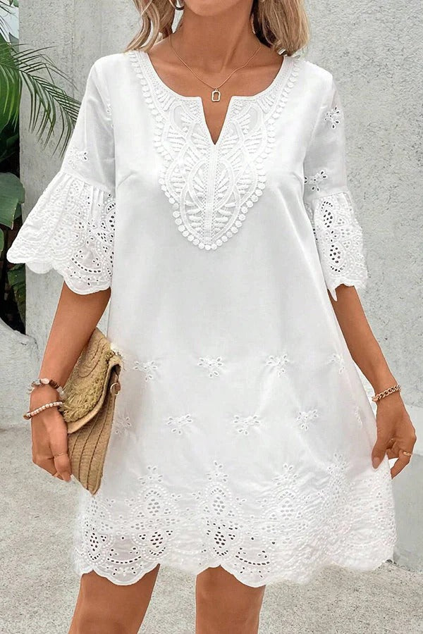 CD | Culoare solidă goală broderie dantelă casual v-neck rochie mini