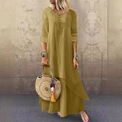 CD | Rochie midi de damă - Ținută relaxată - Fibre naturale - Tiv asimetric - Mâneci 3/4