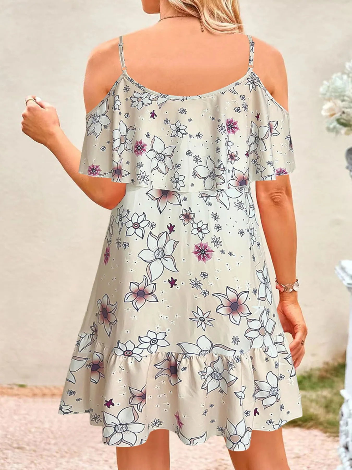 CD | Floral Cold Shoulder Ruffle Mini Rochie