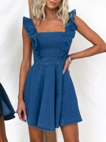 CD | Rochie mini din denim încrețită cu decolteu pătrat