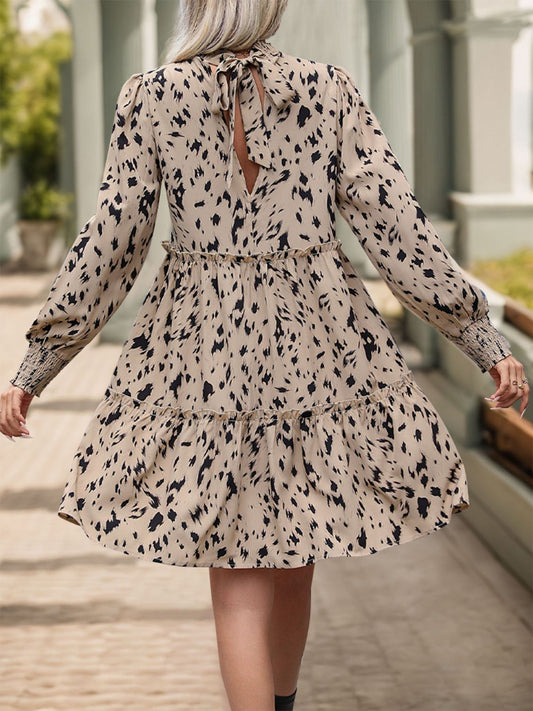 CD | rochie mini cu mâneci lungi, imprimată cu volane, cu decolteu rotund