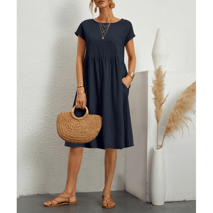 CD | Rochie midi cu mânecă scurtă din bumbac și in pentru femei