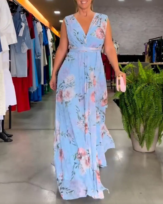 CD | Rochie lungă florală fără mâneci cu tiv despicat