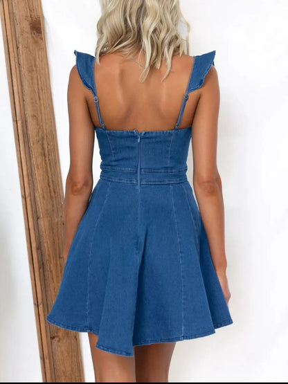 CD | Rochie mini din denim încrețită cu decolteu pătrat