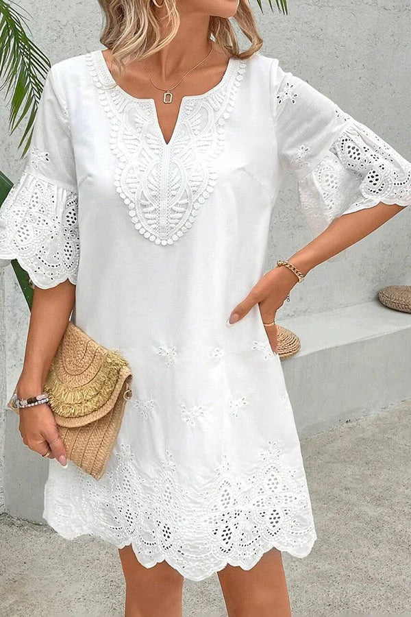 CD | Culoare solidă goală broderie dantelă casual v-neck rochie mini