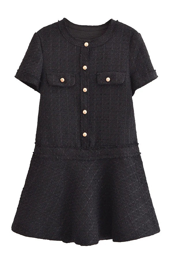 CD | 1960s London Girl tweed texturat aur buton cu mânecă scurtă buzunar mini rochie