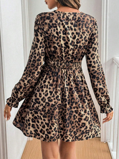 CD | Dantelă detaliu leopard maneca flounce rochie mini