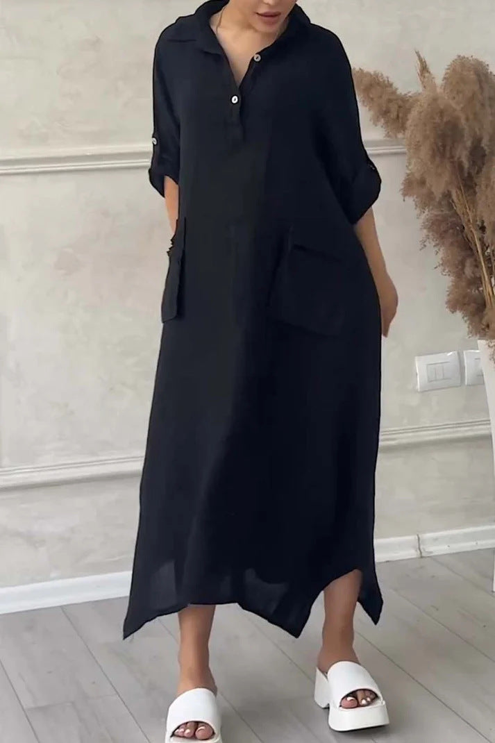 CD | Rochie maxi pentru femei din in și bumbac cu rever